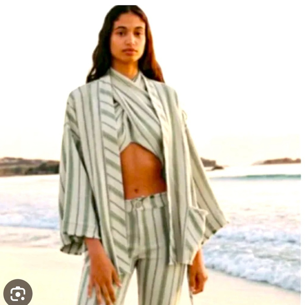 ZARA The Beth Kimono, Rustic Green Tan Yellow, Belted, Woven Cotton xl